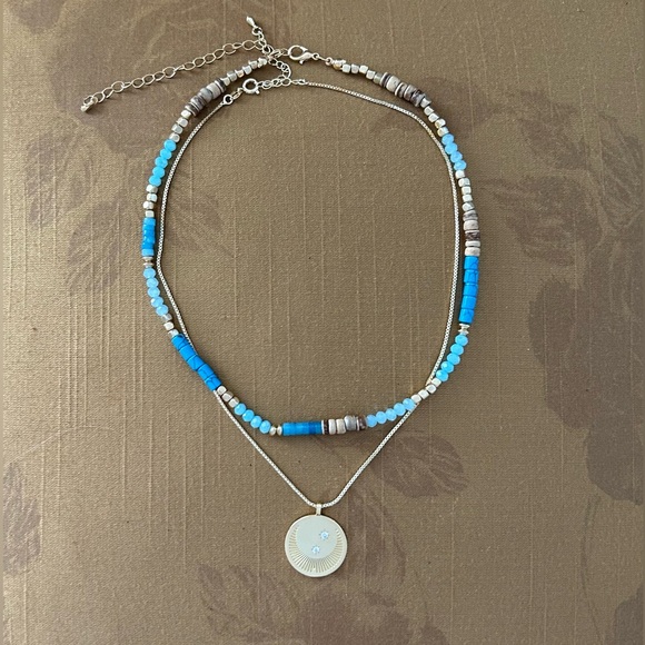 Moon and Stars Gold Medallion Necklace with Blue Gold Beaded Necklace Set- New - Picture 4 of 9